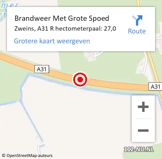 Locatie op kaart van de 112 melding: Brandweer Met Grote Spoed Naar Zweins, A31 R hectometerpaal: 27,0 op 20 augustus 2014 17:14