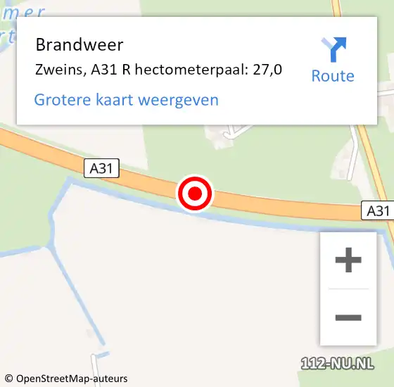 Locatie op kaart van de 112 melding: Brandweer Zweins, A31 R hectometerpaal: 27,0 op 20 augustus 2014 17:20