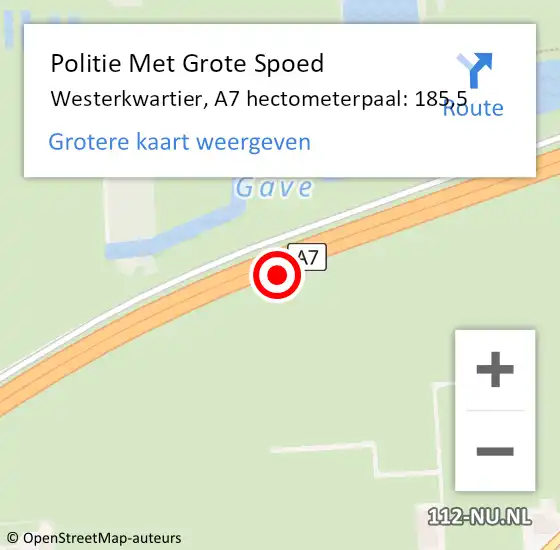 Locatie op kaart van de 112 melding: Politie Met Grote Spoed Naar Westerkwartier, A7 hectometerpaal: 185,5 op 1 april 2023 14:44