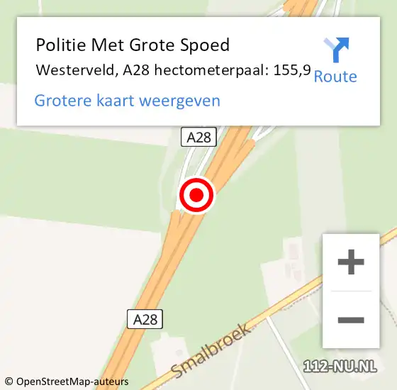 Locatie op kaart van de 112 melding: Politie Met Grote Spoed Naar Westerveld, A28 hectometerpaal: 155,9 op 1 april 2023 22:38