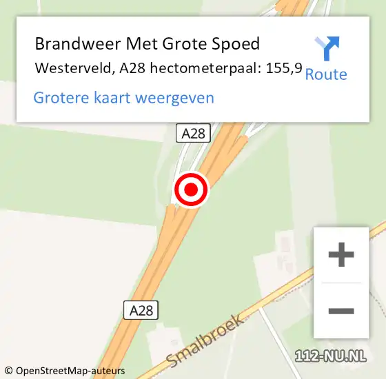 Locatie op kaart van de 112 melding: Brandweer Met Grote Spoed Naar Westerveld, A28 hectometerpaal: 155,9 op 1 april 2023 22:41