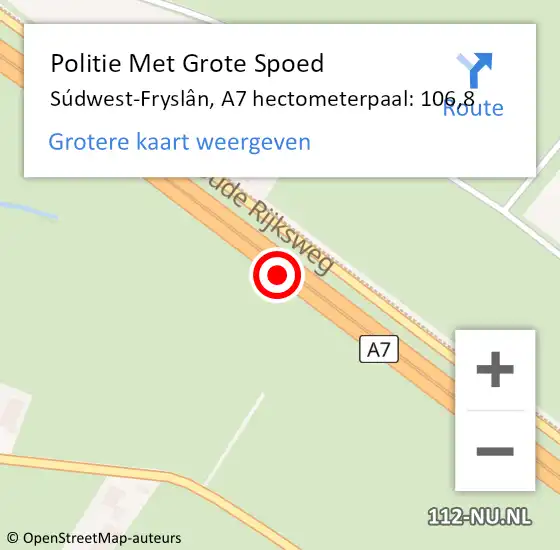 Locatie op kaart van de 112 melding: Politie Met Grote Spoed Naar Súdwest-Fryslân, A7 hectometerpaal: 106,8 op 2 april 2023 09:58