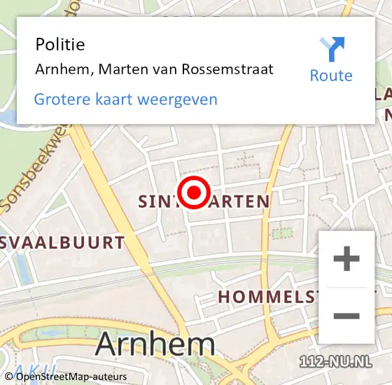 Locatie op kaart van de 112 melding: Politie Arnhem, Marten van Rossemstraat op 2 april 2023 15:08