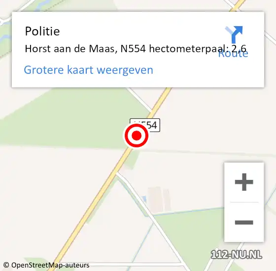 Locatie op kaart van de 112 melding: Politie Horst aan de Maas, N554 hectometerpaal: 2,6 op 3 april 2023 15:26
