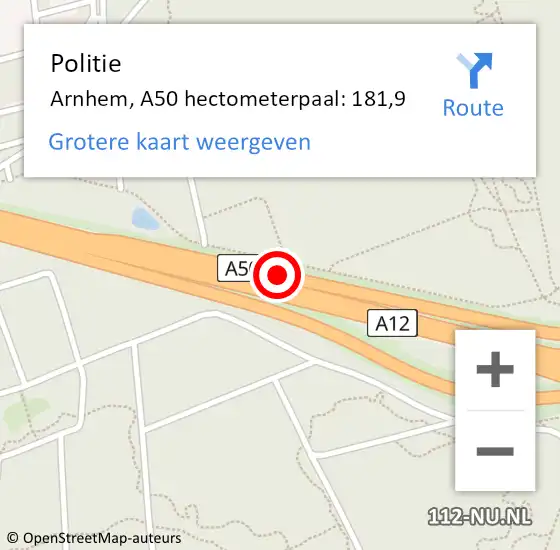 Locatie op kaart van de 112 melding: Politie Arnhem, A50 hectometerpaal: 181,9 op 4 april 2023 06:50
