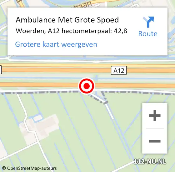 Locatie op kaart van de 112 melding: Ambulance Met Grote Spoed Naar Woerden, A12 hectometerpaal: 42,8 op 4 april 2023 08:41