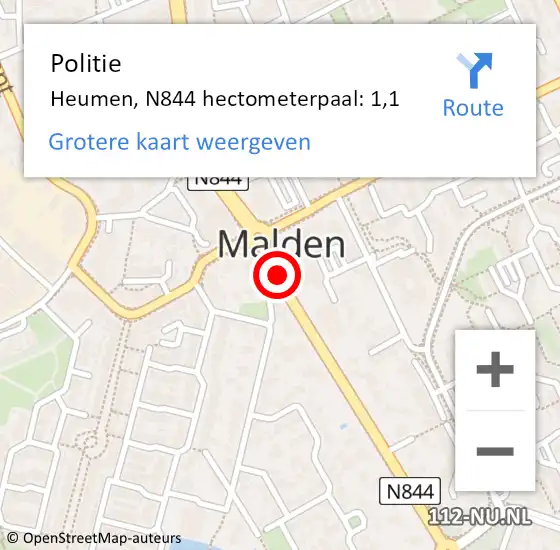 Locatie op kaart van de 112 melding: Politie Heumen, N844 hectometerpaal: 1,1 op 4 april 2023 10:04