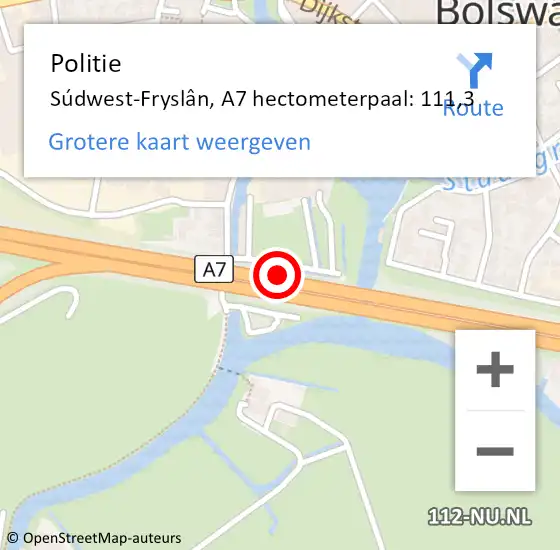 Locatie op kaart van de 112 melding: Politie Súdwest-Fryslân, A7 hectometerpaal: 111,3 op 4 april 2023 17:50