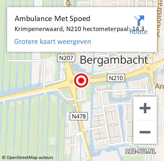 Locatie op kaart van de 112 melding: Ambulance Met Spoed Naar Krimpenerwaard, N210 hectometerpaal: 14,3 op 4 april 2023 18:43