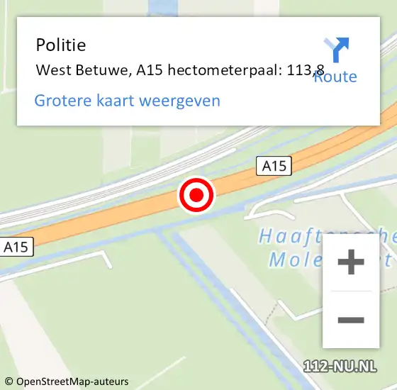 Locatie op kaart van de 112 melding: Politie West Betuwe, A15 hectometerpaal: 113,8 op 5 april 2023 08:35