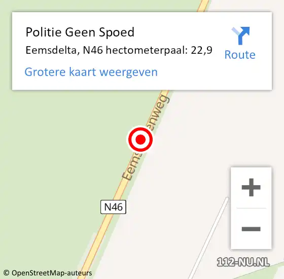 Locatie op kaart van de 112 melding: Politie Geen Spoed Naar Eemsdelta, N46 hectometerpaal: 22,9 op 6 april 2023 16:41
