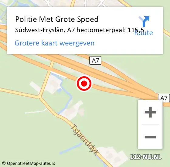 Locatie op kaart van de 112 melding: Politie Met Grote Spoed Naar Súdwest-Fryslân, A7 hectometerpaal: 115,5 op 6 april 2023 16:59