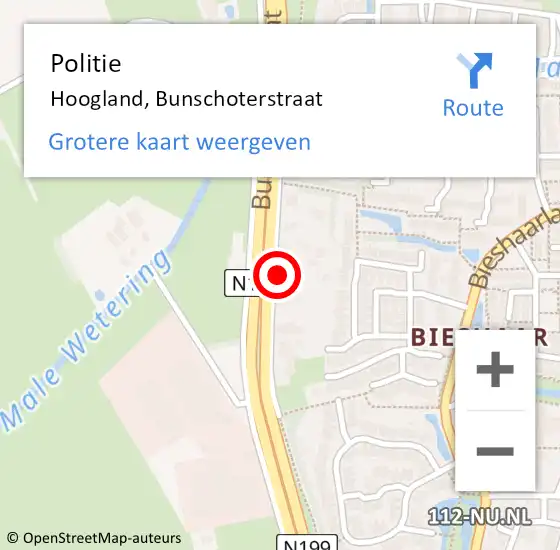 Locatie op kaart van de 112 melding: Politie Hoogland, Bunschoterstraat op 6 april 2023 20:52