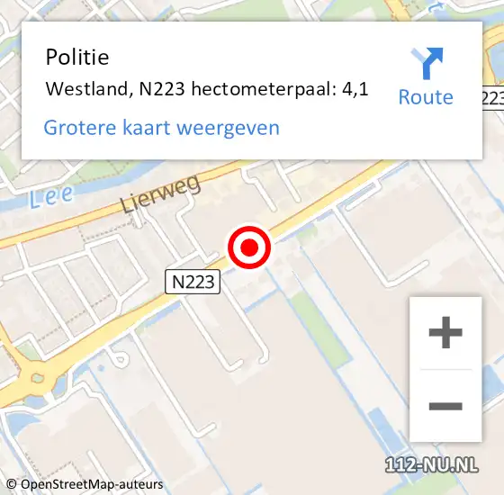 Locatie op kaart van de 112 melding: Politie Westland, N223 hectometerpaal: 4,1 op 8 april 2023 06:50