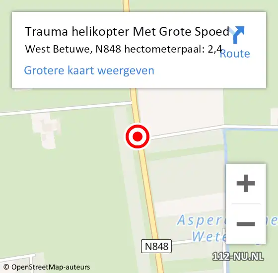 Locatie op kaart van de 112 melding: Trauma helikopter Met Grote Spoed Naar West Betuwe, N848 hectometerpaal: 2,4 op 8 april 2023 14:13