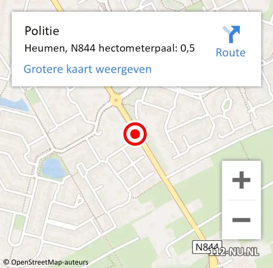 Locatie op kaart van de 112 melding: Politie Heumen, N844 hectometerpaal: 0,5 op 8 april 2023 15:59