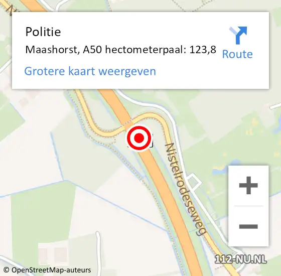 Locatie op kaart van de 112 melding: Politie Maashorst, A50 hectometerpaal: 123,8 op 9 april 2023 13:55