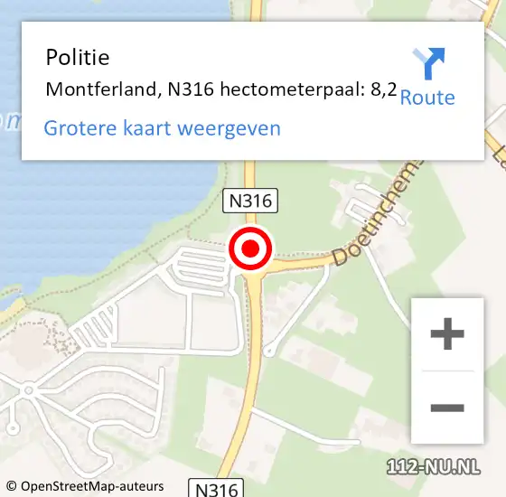 Locatie op kaart van de 112 melding: Politie Montferland, N316 hectometerpaal: 8,2 op 9 april 2023 19:32