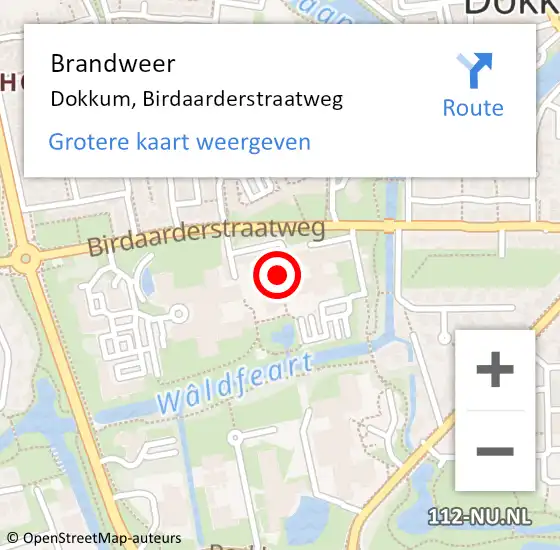 Locatie op kaart van de 112 melding: Brandweer Dokkum, Birdaarderstraatweg op 10 april 2023 07:48