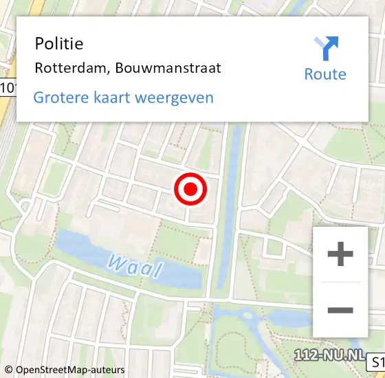 Locatie op kaart van de 112 melding: Politie Rotterdam, Bouwmanstraat op 10 april 2023 19:54