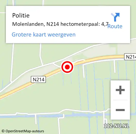 Locatie op kaart van de 112 melding: Politie Molenlanden, N214 hectometerpaal: 4,7 op 11 april 2023 09:22