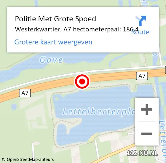 Locatie op kaart van de 112 melding: Politie Met Grote Spoed Naar Westerkwartier, A7 hectometerpaal: 186,4 op 13 april 2023 07:46