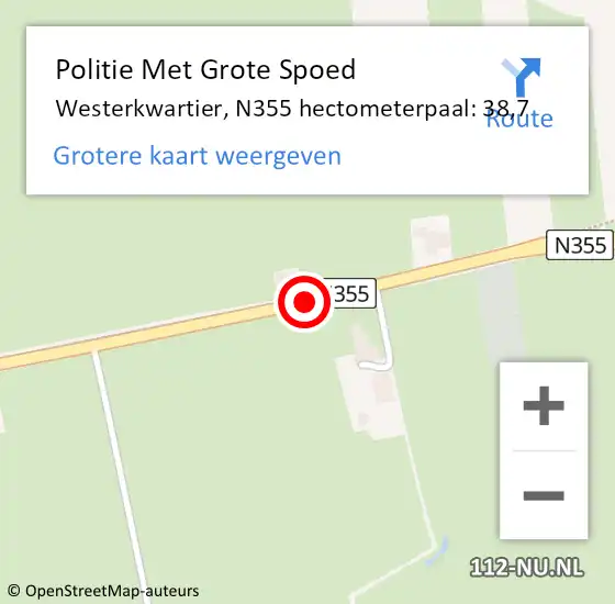Locatie op kaart van de 112 melding: Politie Met Grote Spoed Naar Westerkwartier, N355 hectometerpaal: 38,7 op 13 april 2023 07:56