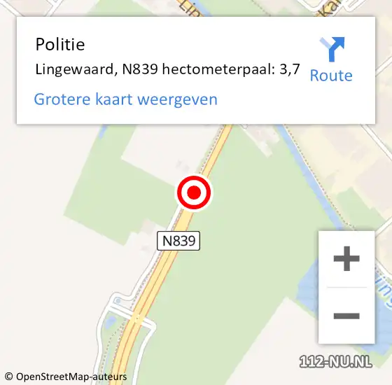 Locatie op kaart van de 112 melding: Politie Lingewaard, N839 hectometerpaal: 3,7 op 13 april 2023 08:49