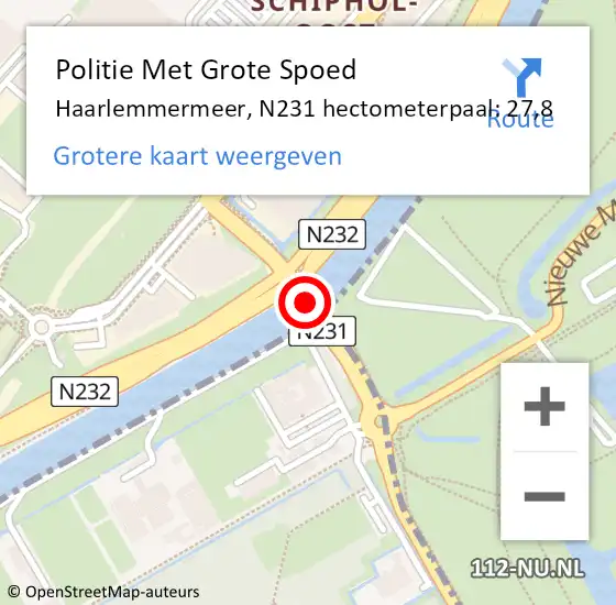 Locatie op kaart van de 112 melding: Politie Met Grote Spoed Naar Haarlemmermeer, N231 hectometerpaal: 27,8 op 13 april 2023 18:28