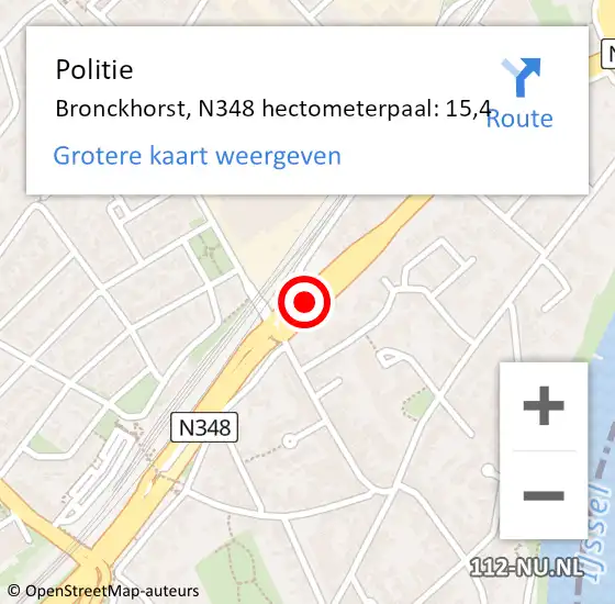 Locatie op kaart van de 112 melding: Politie Bronckhorst, N348 hectometerpaal: 15,4 op 14 april 2023 10:00