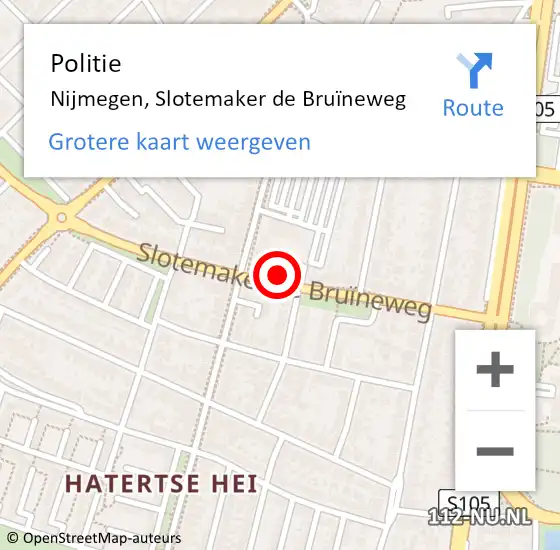 Locatie op kaart van de 112 melding: Politie Nijmegen, Slotemaker de Bruïneweg op 14 april 2023 10:24