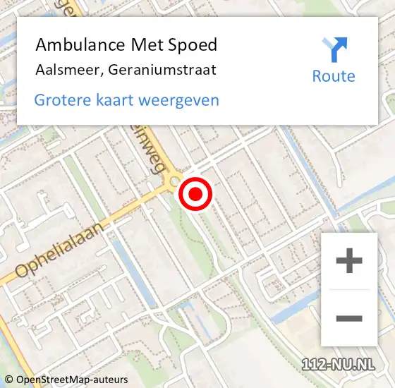 Locatie op kaart van de 112 melding: Ambulance Met Spoed Naar Aalsmeer, Geraniumstraat op 14 april 2023 14:12
