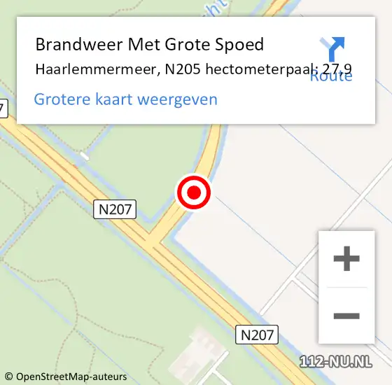 Locatie op kaart van de 112 melding: Brandweer Met Grote Spoed Naar Haarlemmermeer, N205 hectometerpaal: 27,9 op 14 april 2023 21:11