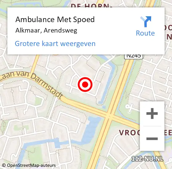 Locatie op kaart van de 112 melding: Ambulance Met Spoed Naar Alkmaar, Arendsweg op 16 april 2023 04:23