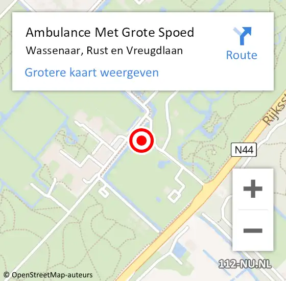 Locatie op kaart van de 112 melding: Ambulance Met Grote Spoed Naar Wassenaar, Rust en Vreugdlaan op 16 april 2023 13:49