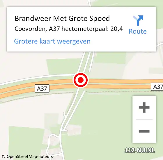 Locatie op kaart van de 112 melding: Brandweer Met Grote Spoed Naar Coevorden, A37 hectometerpaal: 20,4 op 16 april 2023 17:02