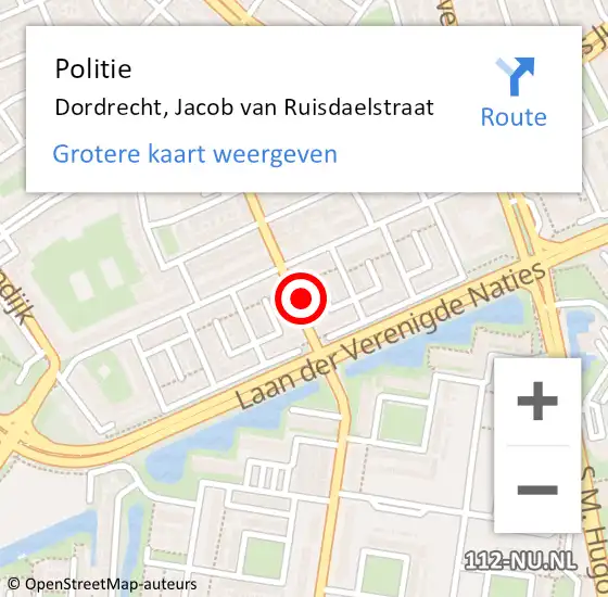Locatie op kaart van de 112 melding: Politie Dordrecht, Jacob van Ruisdaelstraat op 17 april 2023 08:21