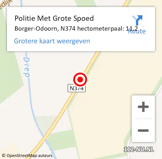 Locatie op kaart van de 112 melding: Politie Met Grote Spoed Naar Borger-Odoorn, N374 hectometerpaal: 11,2 op 17 april 2023 13:53