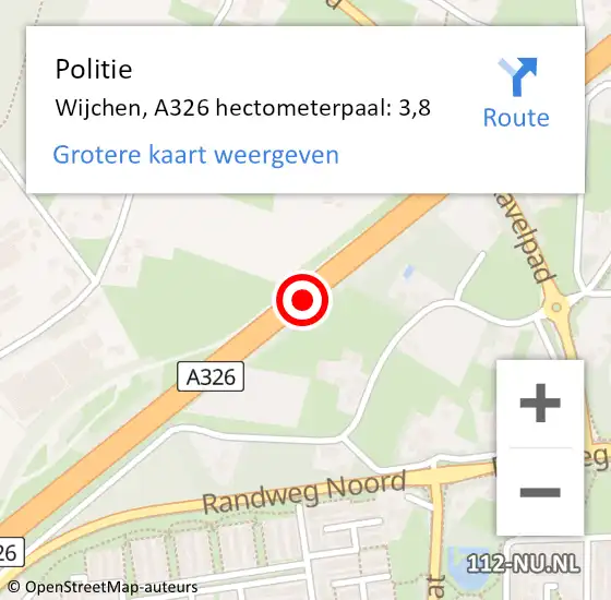 Locatie op kaart van de 112 melding: Politie Wijchen, A326 hectometerpaal: 3,8 op 18 april 2023 06:07