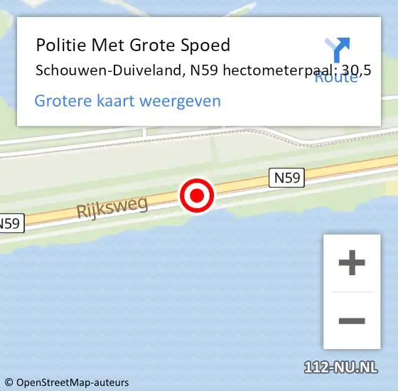 Locatie op kaart van de 112 melding: Politie Met Grote Spoed Naar Schouwen-Duiveland, N59 hectometerpaal: 30,5 op 18 april 2023 11:15