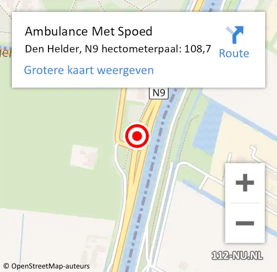 Locatie op kaart van de 112 melding: Ambulance Met Spoed Naar Den Helder, N9 hectometerpaal: 108,7 op 19 april 2023 19:32