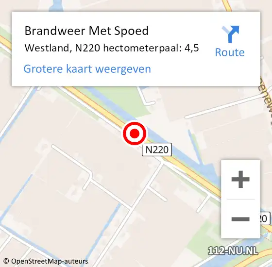 Locatie op kaart van de 112 melding: Brandweer Met Spoed Naar Westland, N220 hectometerpaal: 4,5 op 19 april 2023 21:35