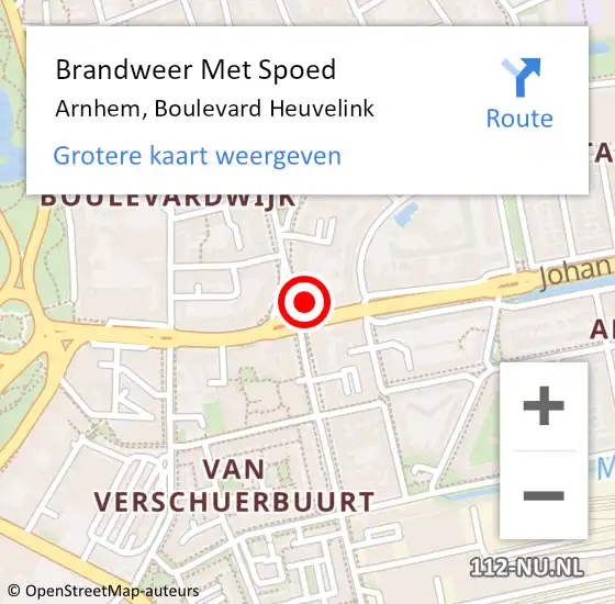 Locatie op kaart van de 112 melding: Brandweer Met Spoed Naar Arnhem, Boulevard Heuvelink op 20 april 2023 12:37