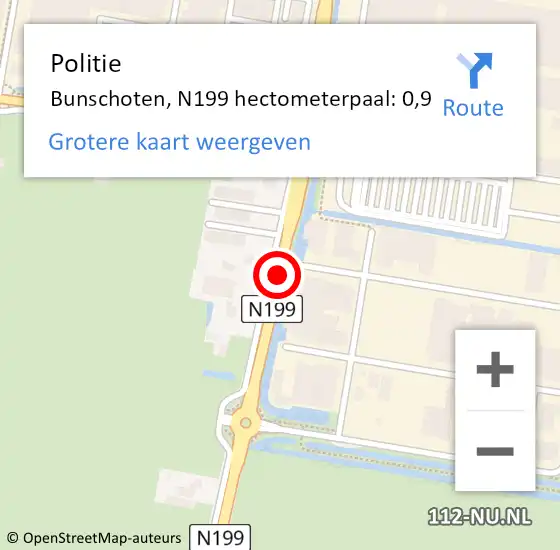 Locatie op kaart van de 112 melding: Politie Bunschoten, N199 hectometerpaal: 0,9 op 20 april 2023 16:54