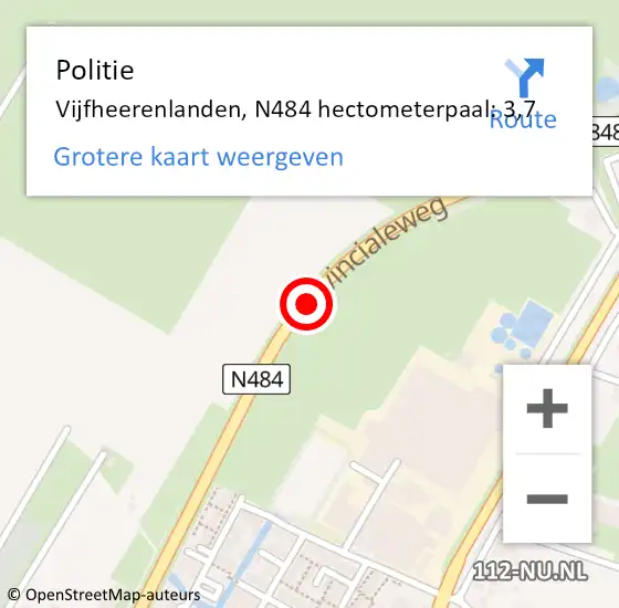 Locatie op kaart van de 112 melding: Politie Vijfheerenlanden, N484 hectometerpaal: 3,7 op 21 april 2023 03:37