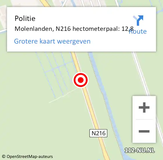 Locatie op kaart van de 112 melding: Politie Molenlanden, N216 hectometerpaal: 12,8 op 21 april 2023 09:00