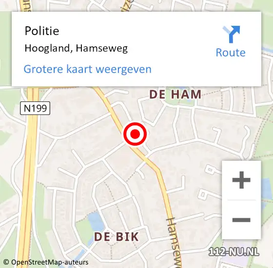 Locatie op kaart van de 112 melding: Politie Hoogland, Hamseweg op 21 april 2023 12:23