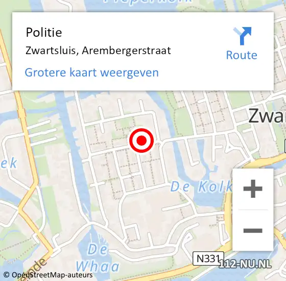 Locatie op kaart van de 112 melding: Politie Zwartsluis, Arembergerstraat op 22 april 2023 14:30