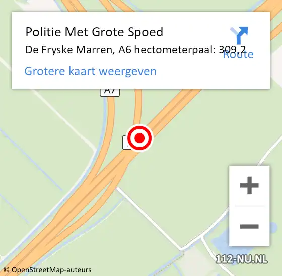 Locatie op kaart van de 112 melding: Politie Met Grote Spoed Naar De Fryske Marren, A6 hectometerpaal: 309,2 op 22 april 2023 20:54