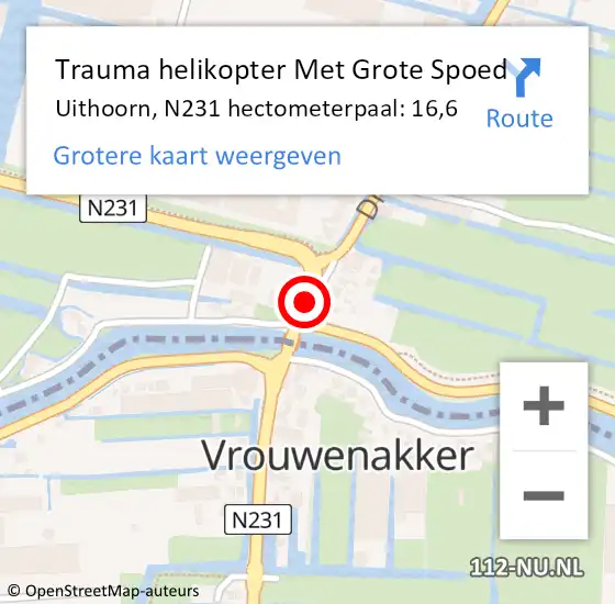 Locatie op kaart van de 112 melding: Trauma helikopter Met Grote Spoed Naar Uithoorn, N231 hectometerpaal: 16,6 op 23 april 2023 00:46